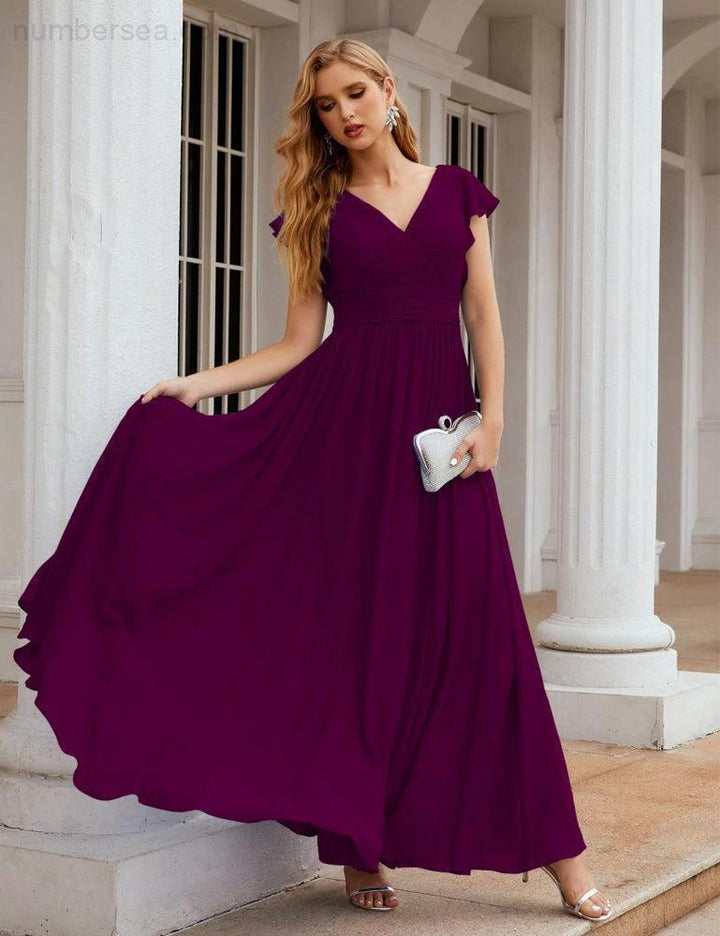 Numbersea V-Neck Bridesmaid Dress Floor Length Backless Formal Evening Dress 28024 by numbersea