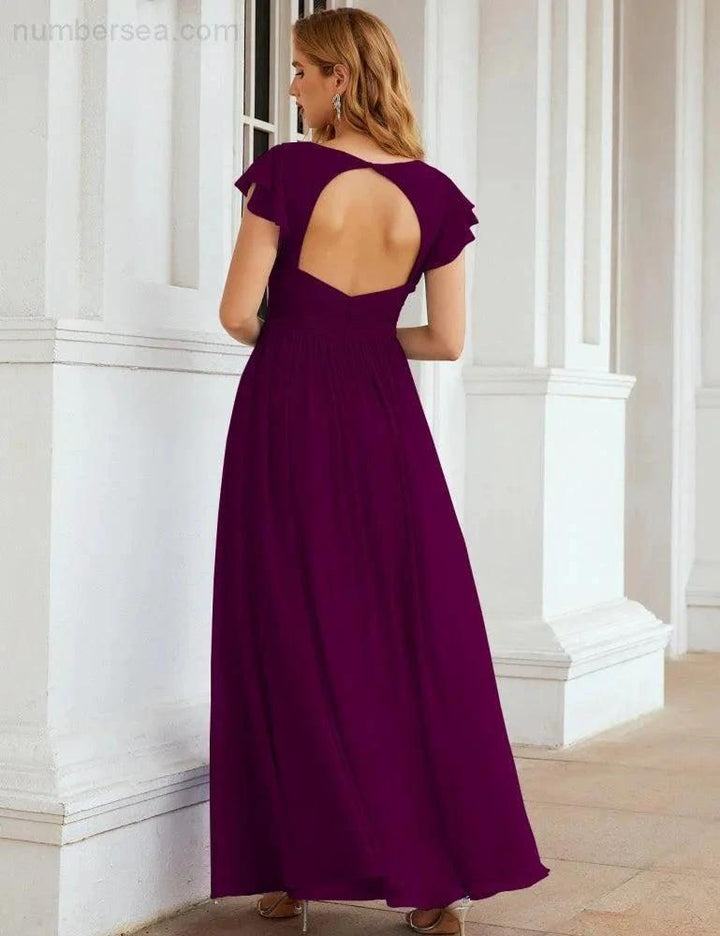 Numbersea V-Neck Bridesmaid Dress Floor Length Backless Formal Evening Dress 28024 by numbersea