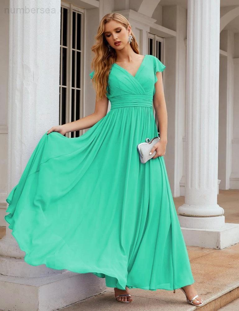 Numbersea V-Neck Bridesmaid Dress Floor Length Backless Formal Evening Dress 28024 by numbersea