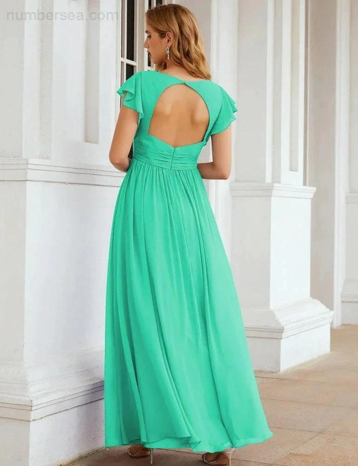Numbersea V-Neck Bridesmaid Dress Floor Length Backless Formal Evening Dress 28024 by numbersea