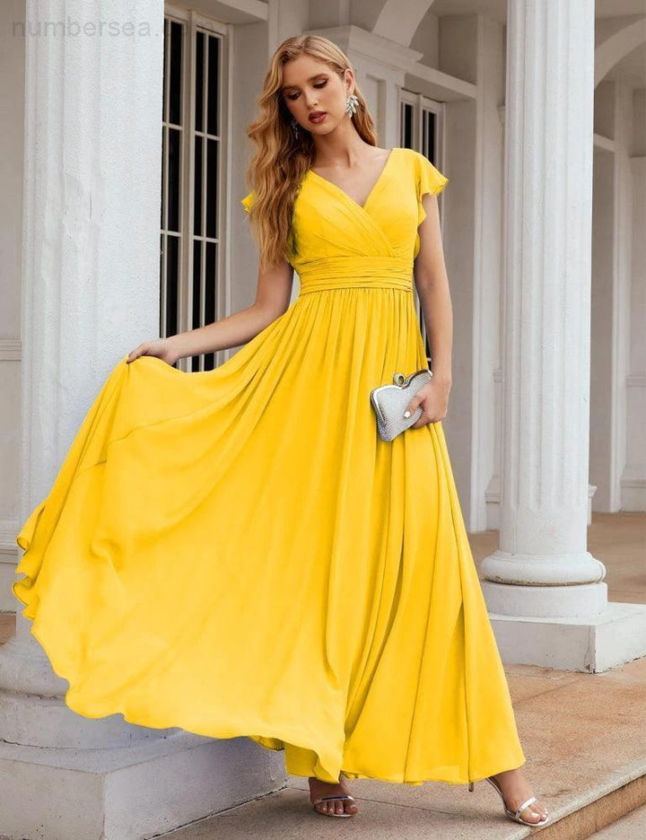 Numbersea V-Neck Bridesmaid Dress Floor Length Backless Formal Evening Dress 28024 by numbersea