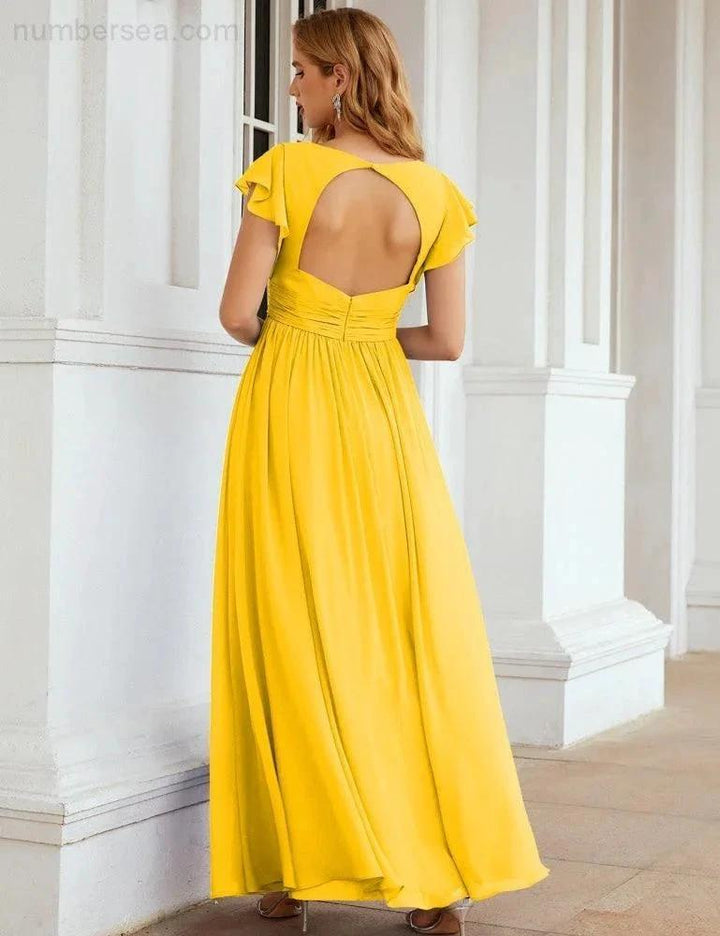 Numbersea V-Neck Bridesmaid Dress Floor Length Backless Formal Evening Dress 28024 by numbersea