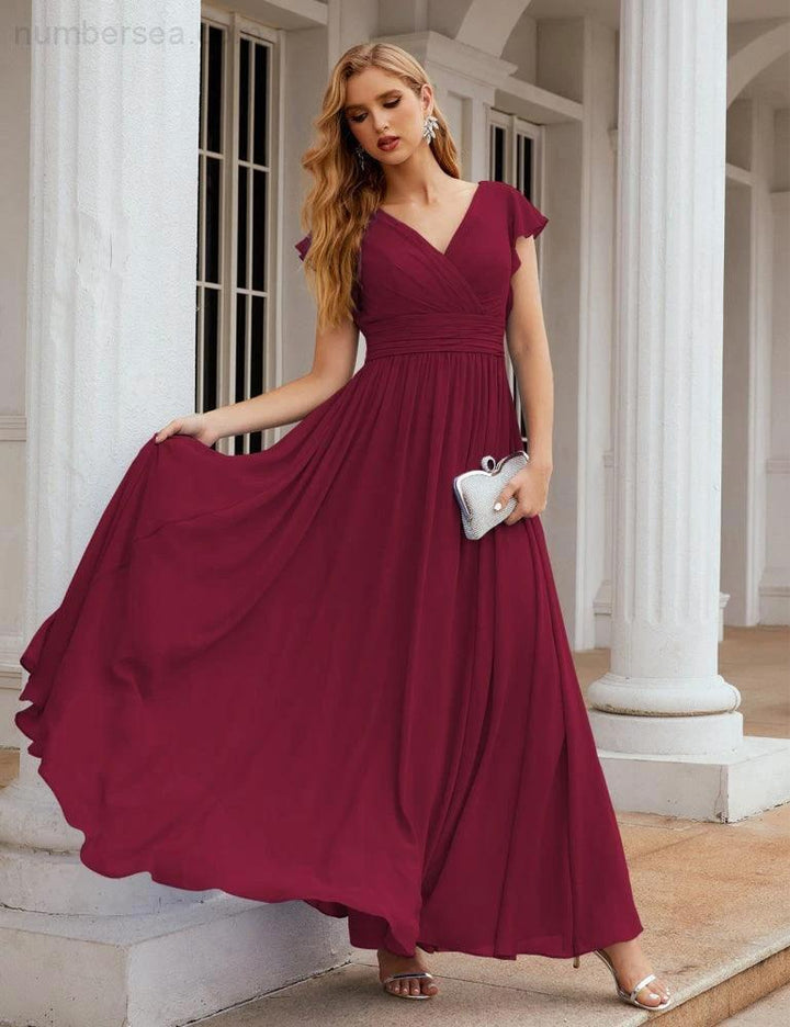 Numbersea V-Neck Bridesmaid Dress Floor Length Backless Formal Evening Dress 28024 by numbersea