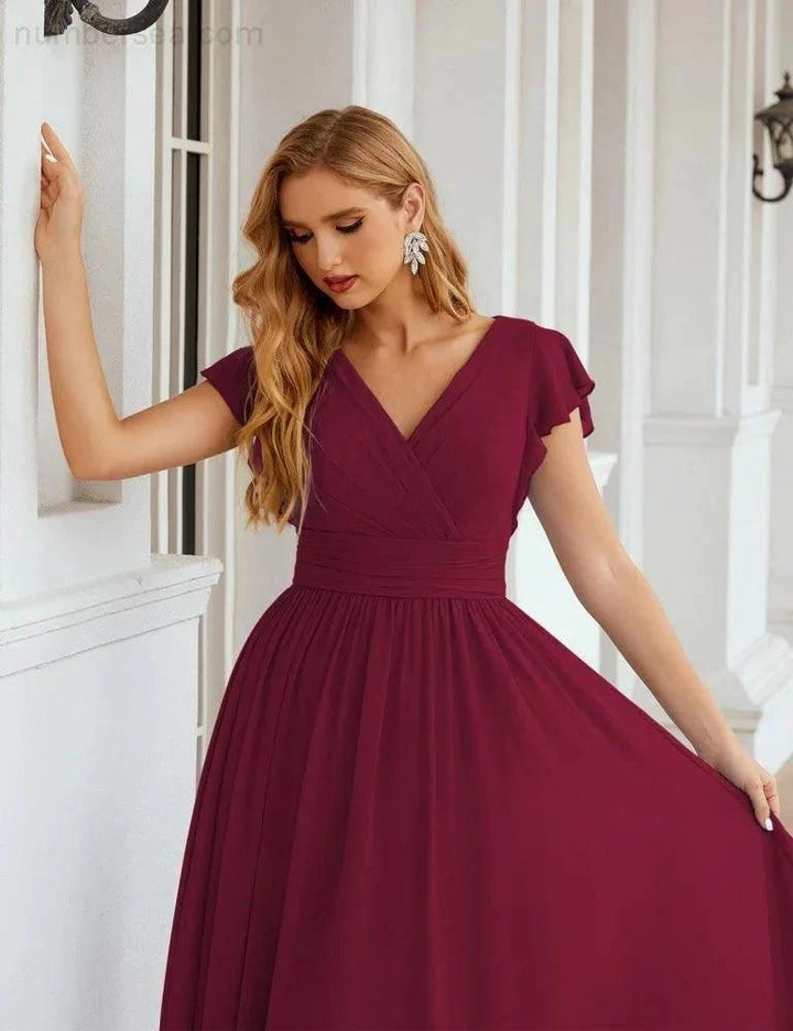 Numbersea V-Neck Bridesmaid Dress Floor Length Backless Formal Evening Dress 28024 by numbersea