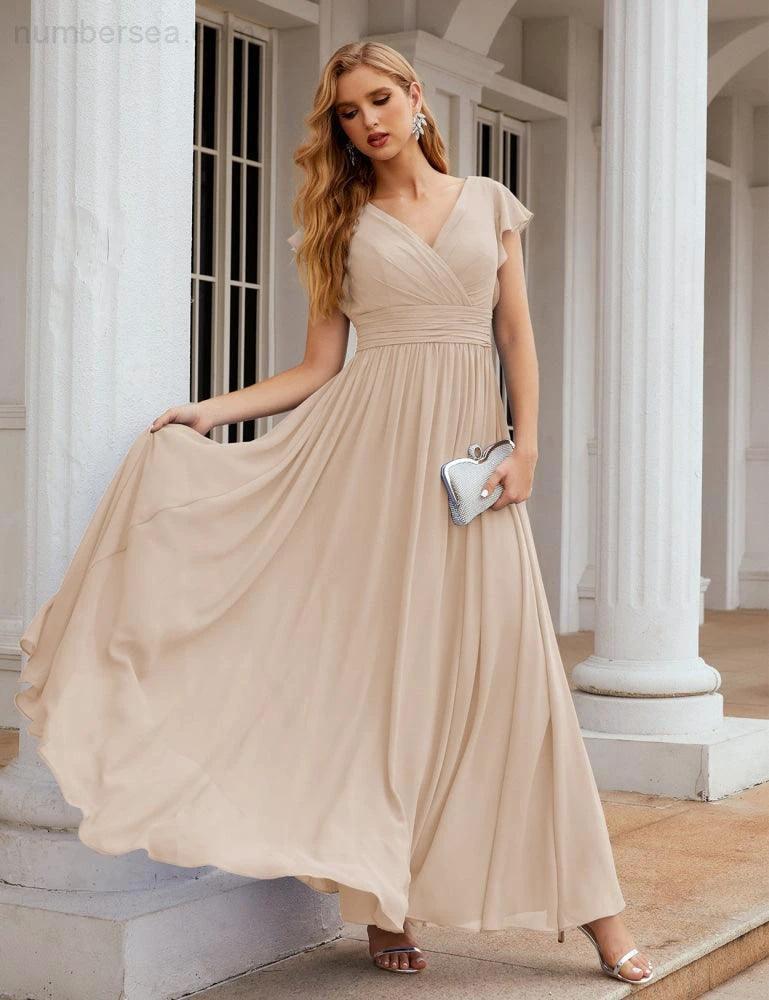 Numbersea V-Neck Bridesmaid Dress Floor Length Backless Formal Evening Dress 28024 by numbersea