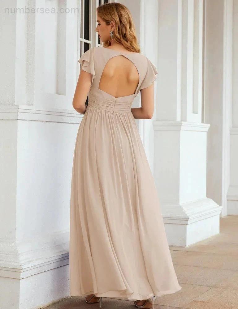 Numbersea V-Neck Bridesmaid Dress Floor Length Backless Formal Evening Dress 28024 by numbersea