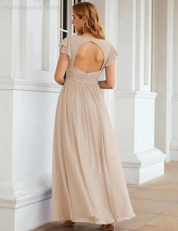 Numbersea V-Neck Bridesmaid Dress Floor Length Backless Formal Evening Dress 28024 by numbersea