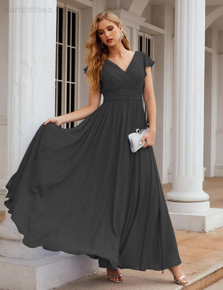 Numbersea V-Neck Bridesmaid Dress Floor Length Backless Formal Evening Dress 28024 by numbersea