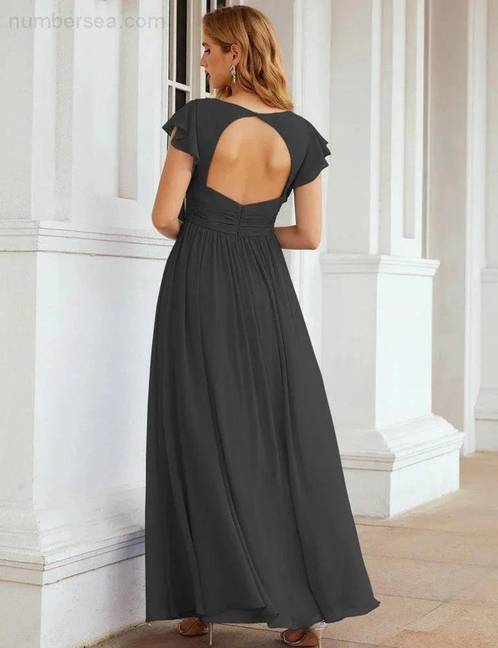 Numbersea V-Neck Bridesmaid Dress Floor Length Backless Formal Evening Dress 28024 by numbersea