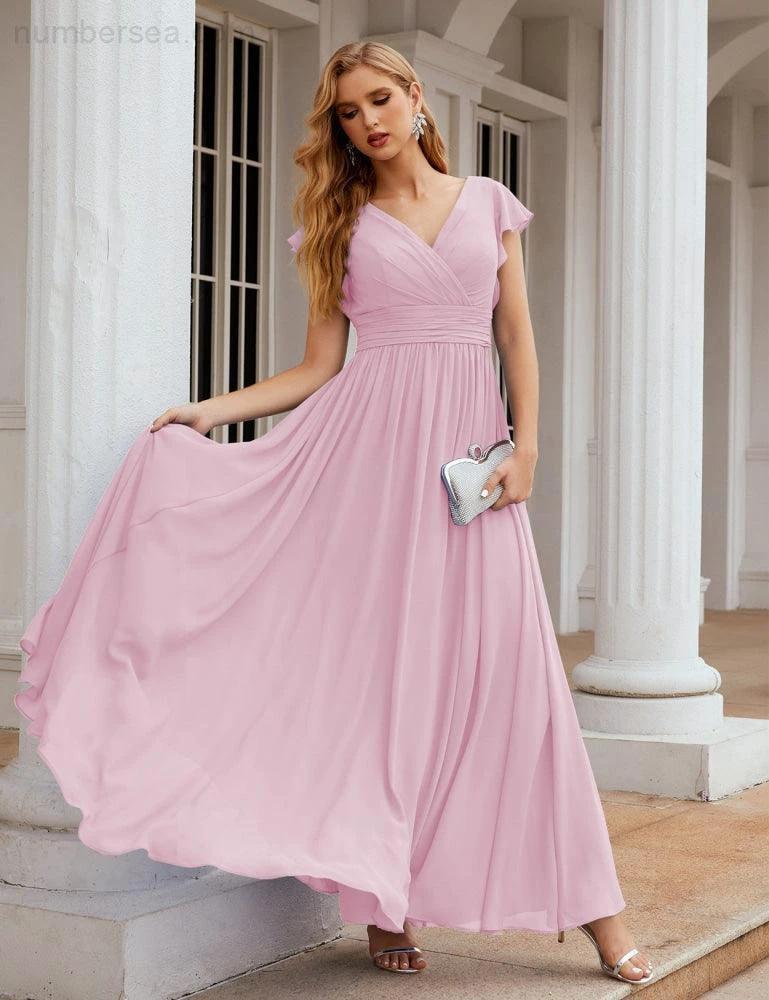 Numbersea V-Neck Bridesmaid Dress Floor Length Backless Formal Evening Dress 28024 by numbersea