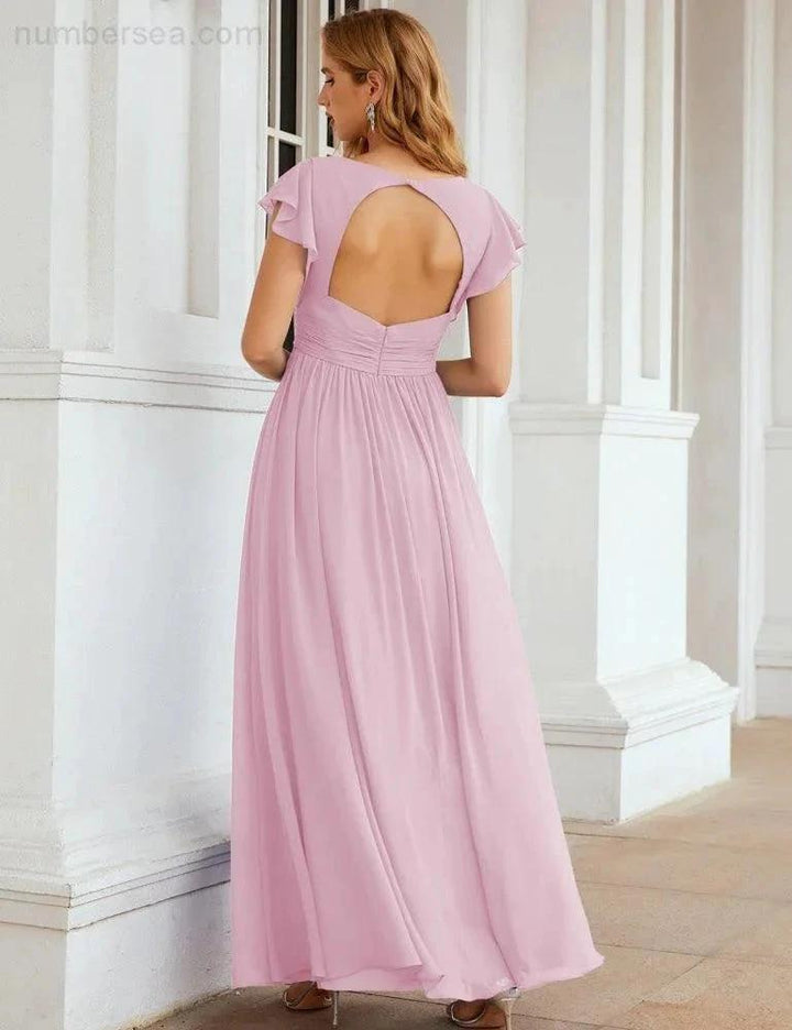Numbersea V-Neck Bridesmaid Dress Floor Length Backless Formal Evening Dress 28024 by numbersea