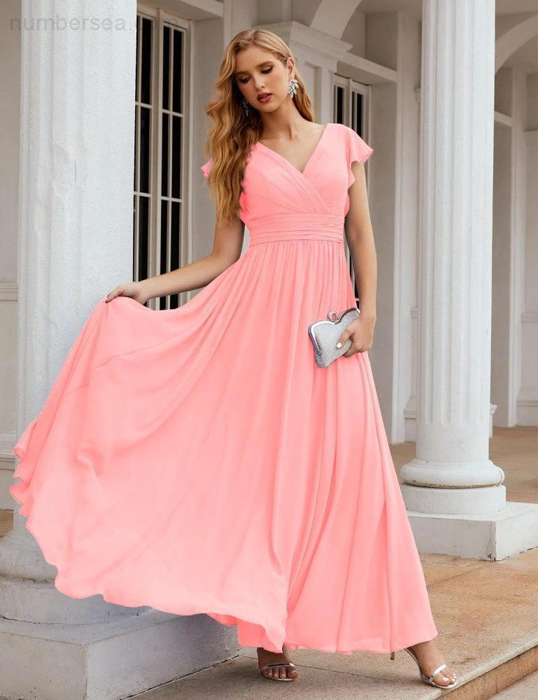 Numbersea V-Neck Bridesmaid Dress Floor Length Backless Formal Evening Dress 28024 by numbersea