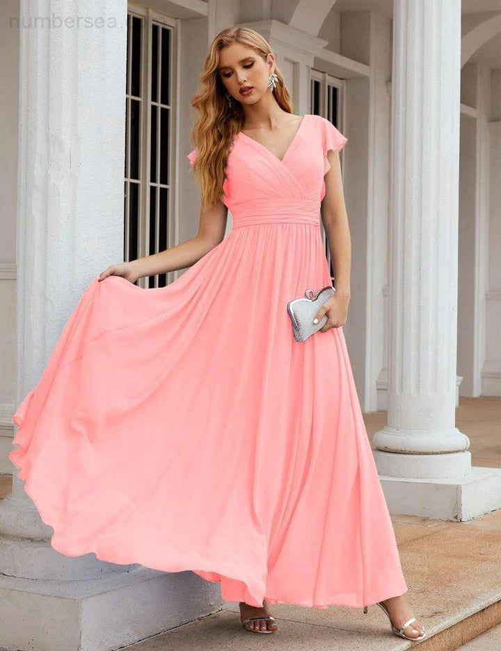 Numbersea V-Neck Bridesmaid Dress Floor Length Backless Formal Evening Dress 28024 by numbersea
