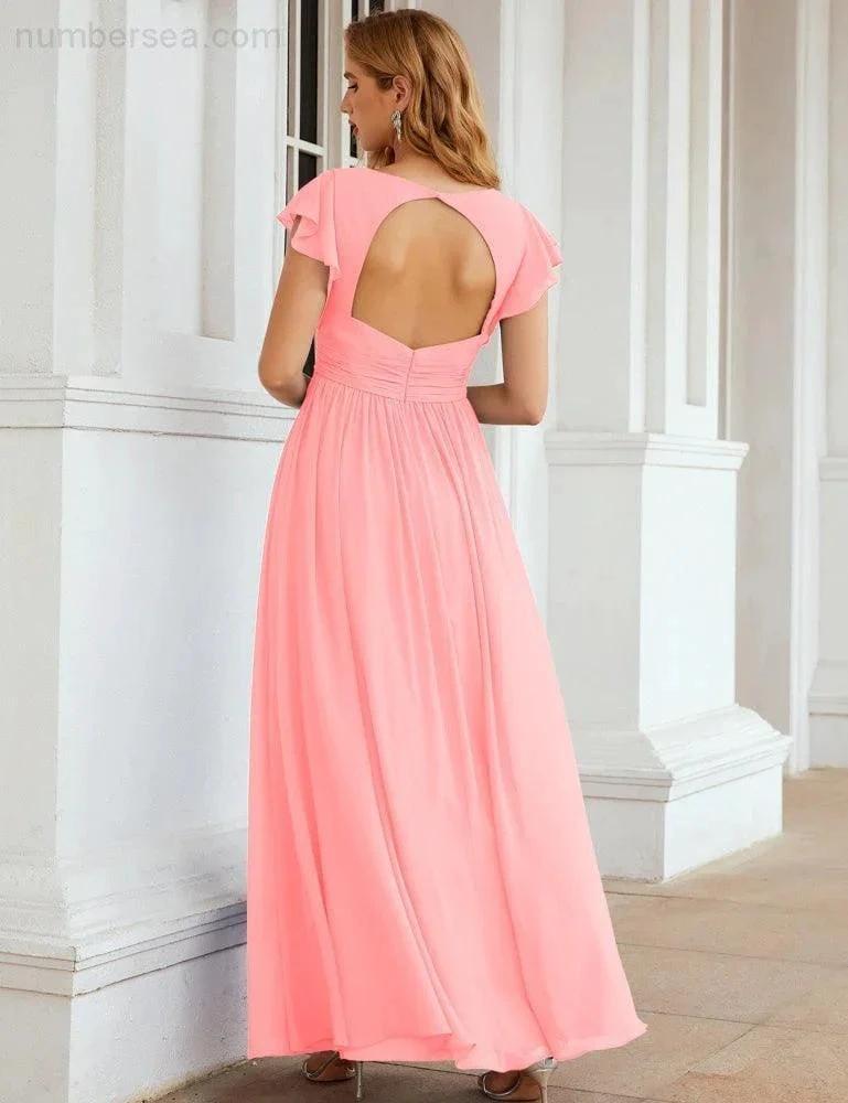 Numbersea V-Neck Bridesmaid Dress Floor Length Backless Formal Evening Dress 28024 by numbersea