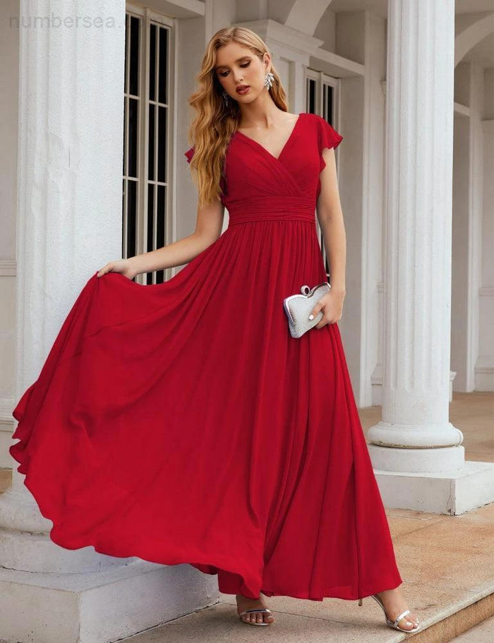 Numbersea V-Neck Bridesmaid Dress Floor Length Backless Formal Evening Dress 28024 by numbersea