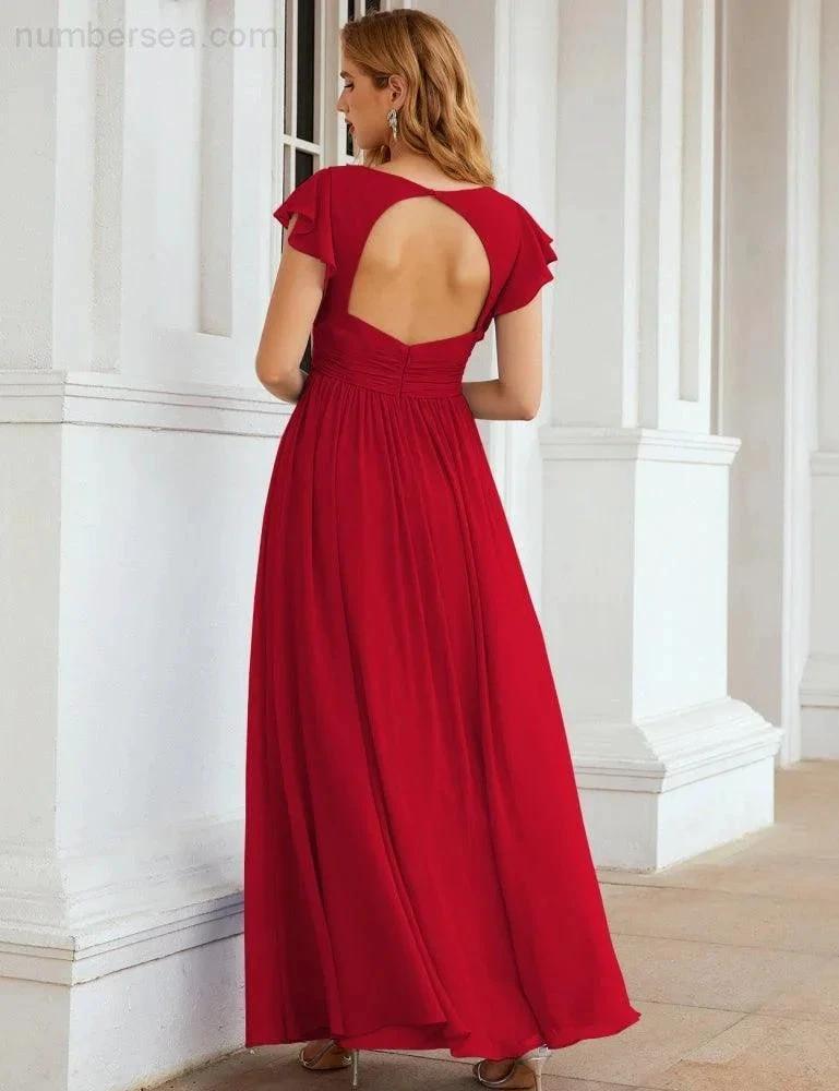 Numbersea V-Neck Bridesmaid Dress Floor Length Backless Formal Evening Dress 28024 by numbersea