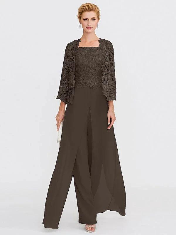 3 Piece Chiffon Square Neck Mother of the Bride Pantsuits with Jacket by Dreamylily