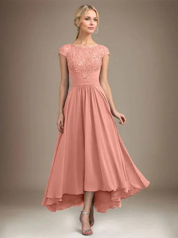A-line Scoop Illusion Asymmetrical Lace Chiffon Mother of the Bride Dress With Pleated by Dreamylily