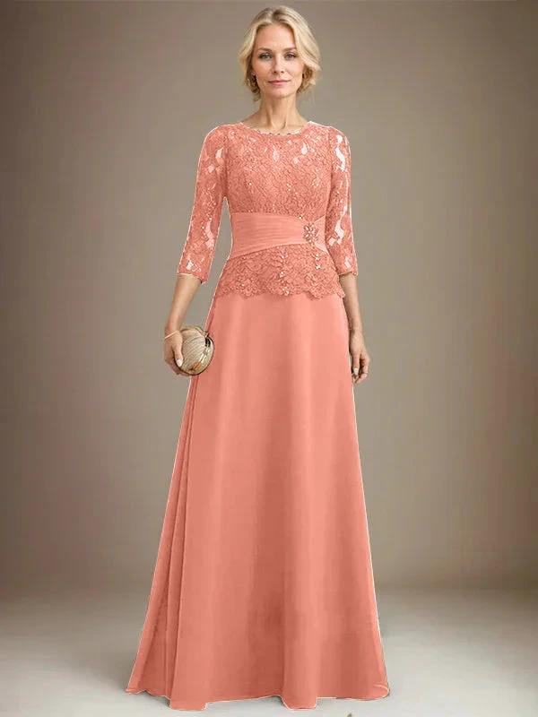 A-line Scoop Illusion Floor-Length Chiffon Lace Mother of the Bride Dress With Pleated Sequins Beading by Dreamylily
