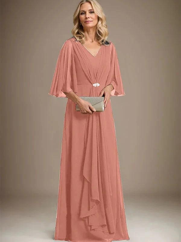 A-line V-Neck Floor-Length Chiffon Mother of the Bride Dress With Cascading Ruffles Crystal Brooch by Dreamylily