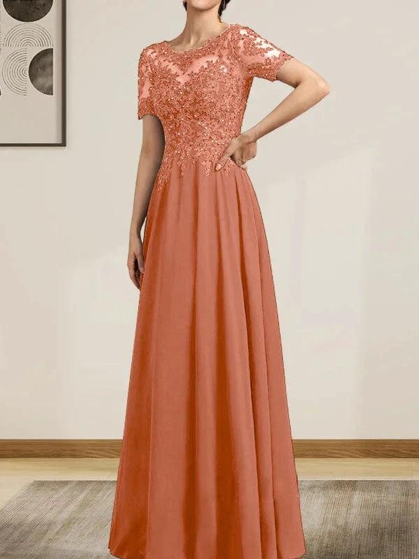 A-line Scoop Illusion Floor-Length Chiffon Lace Mother of the Bride Dress With Sequins Beading by Dreamylily