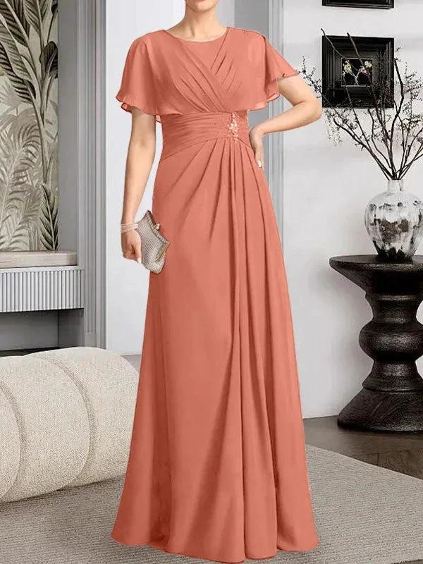 A-line Scoop Floor-Length Chiffon Mother of the Bride Dress With Pleated Beading by Dreamylily