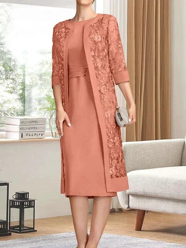 Sheath/Column Scoop Knee-Length Chiffon Mother of the Bride Dress With Pleated Sequins by Dreamylily