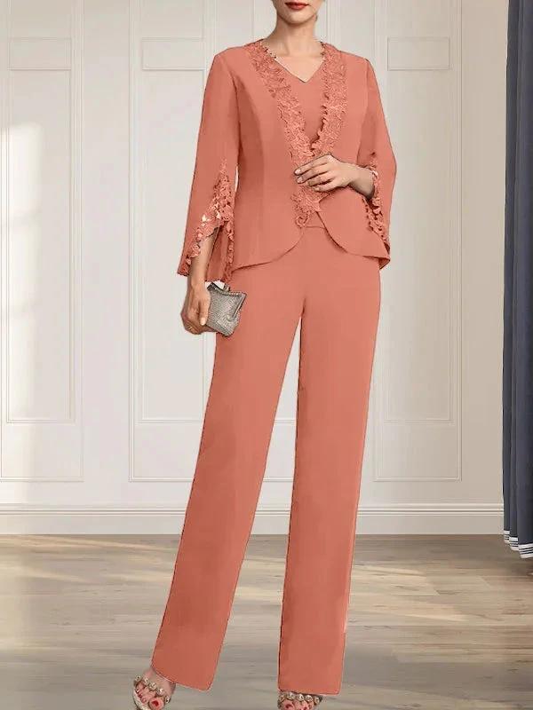 Separates Jumpsuit/Pantsuit V-Neck Floor-Length Chiffon Mother of the Bride Dress by Dreamylily