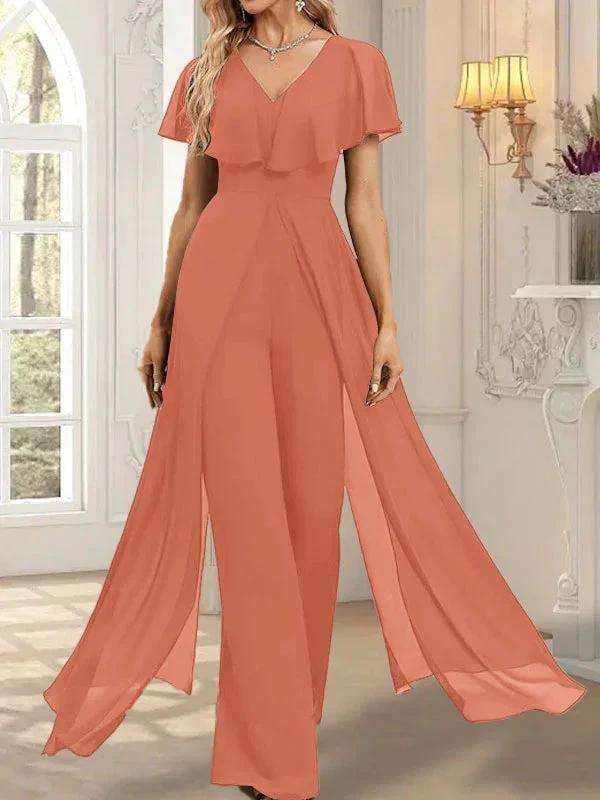 Jumpsuit/Pantsuit V-Neck Floor-Length Chiffon Evening Dress by Dreamylily