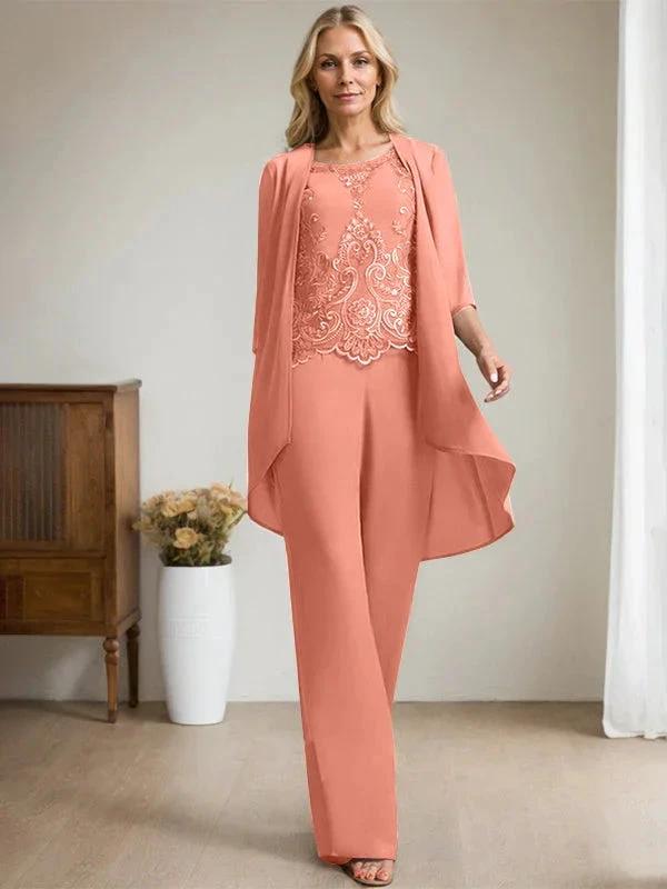 Separates Jumpsuit/Pantsuit Scoop Floor-Length Chiffon Lace Mother of the Bride Dress With Beading Sequins by Dreamylily