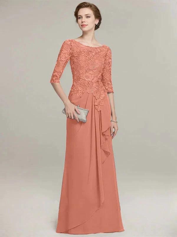 A-line Scoop Illusion Floor-Length Lace Chiffon Mother of the Bride Dress With Cascading Ruffles by Dreamylily