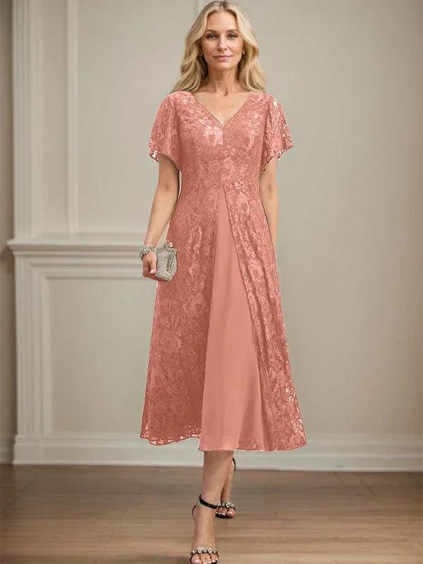 A-line V-Neck Tea-Length Lace Chiffon Mother of the Bride Dress by Dreamylily