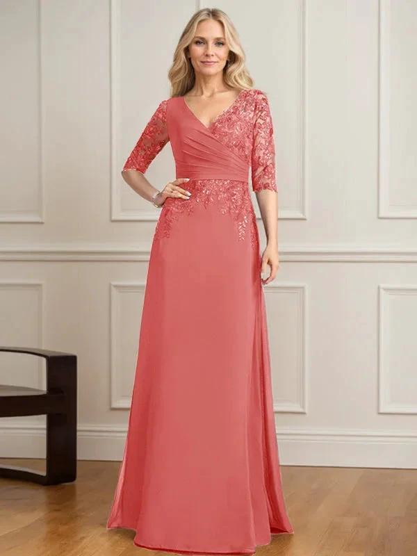 A-line V-Neck Floor-Length Lace Chiffon Mother of the Bride Dress With Pleated Sequins by Dreamylily