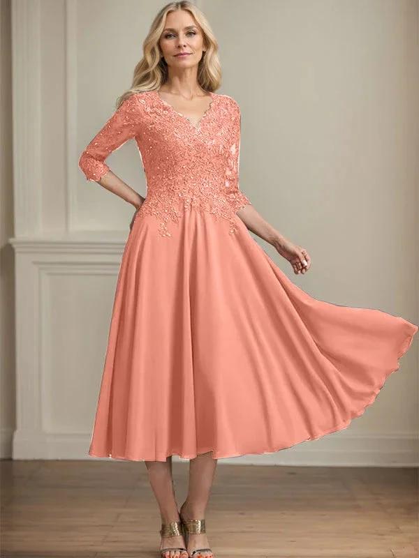 A-line V-Neck Tea-Length Chiffon Lace Mother of the Bride Dress With Beading Sequins by Dreamylily