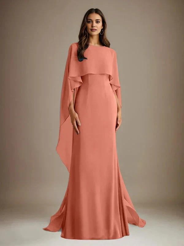 Sheath/Column Boatneck Floor-Length Chiffon Mother of the Bride Dress With Cascading Ruffles by Dreamylily