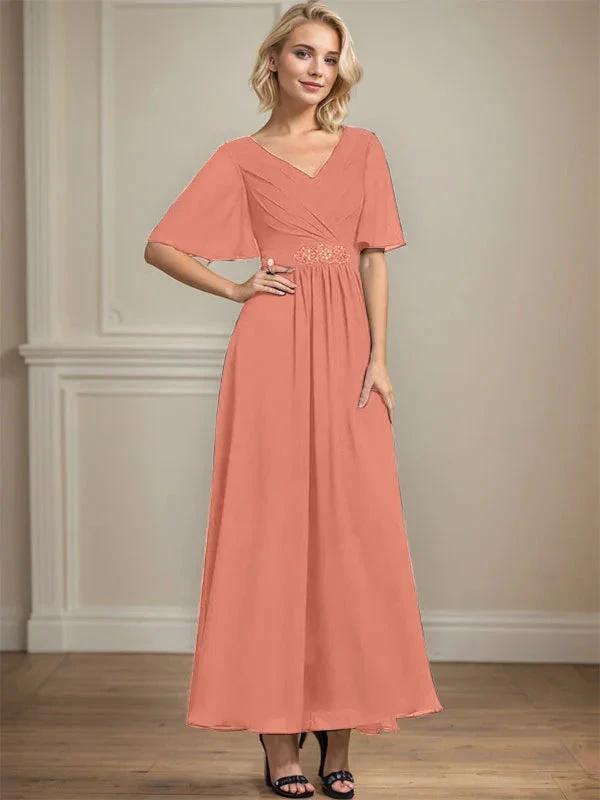 A-line V-Neck Ankle-Length Chiffon Mother of the Bride Dress With Pleated Beading Sequins by Dreamylily