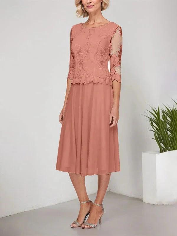 A-line Scoop Tea-Length Lace Chiffon Mother of the Bride Dress With Embroidery by Dreamylily