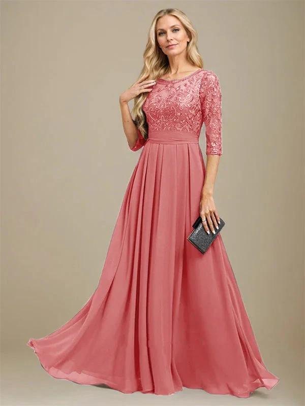 A-Line Scoop Floor-Length Lace Chiffon Mother Of the Bride Dress With Sequins Applique by Dreamylily