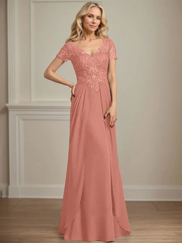 A-line V-Neck Floor-Length Chiffon Lace Mother of the Bride Dress by Dreamylily