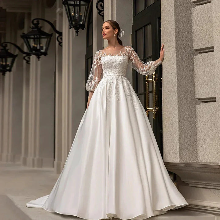 Classic Wedding Dresses Women O-Neck Full Sleeves Bride Dress Satin With Applique Sweep Train A-Line Custom Occasion Gowns by payinti