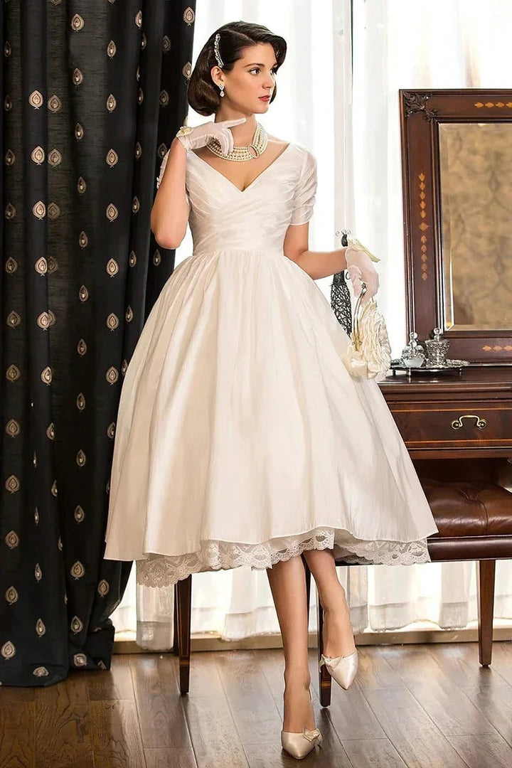 Classical A-Line V-Neck Short Sleeve Pleats Bohemain Wedding Dress WD677 by pgmdress