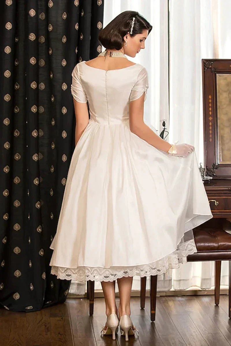 Classical A-Line V-Neck Short Sleeve Pleats Bohemain Wedding Dress WD677 by pgmdress