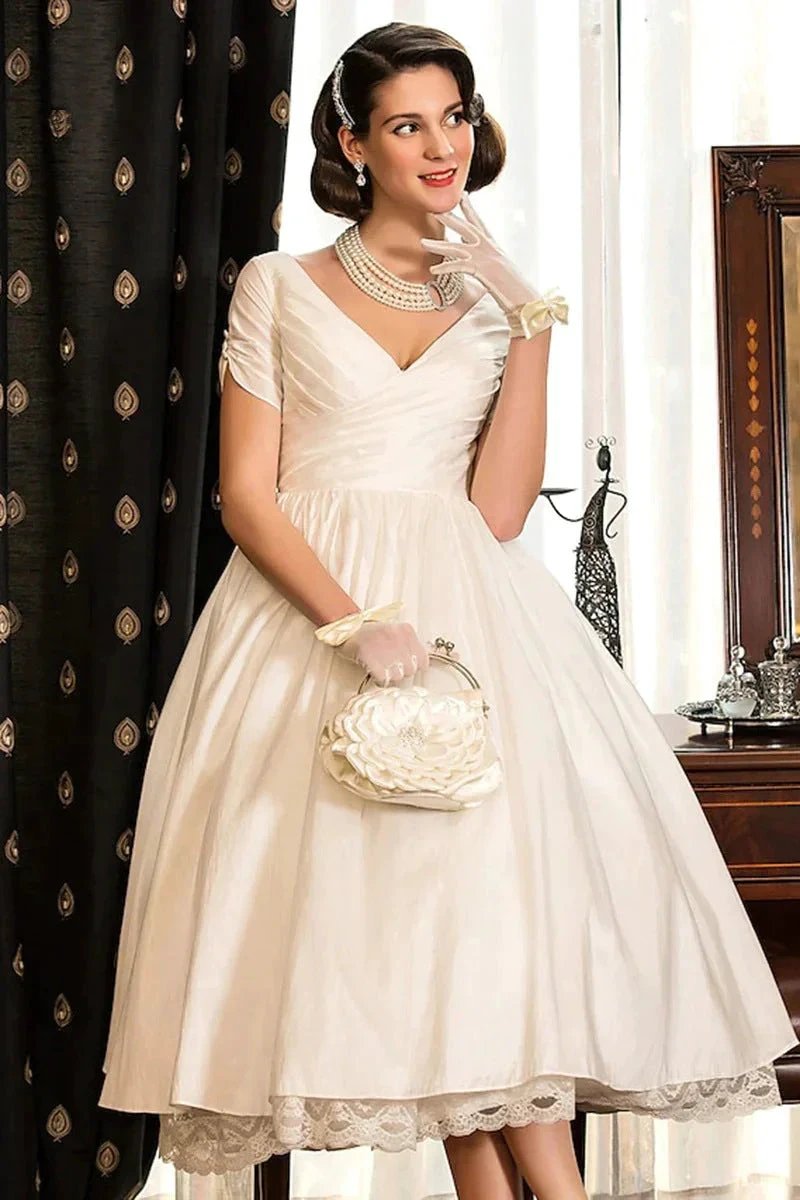 Classical A-Line V-Neck Short Sleeve Pleats Bohemain Wedding Dress WD677 by pgmdress