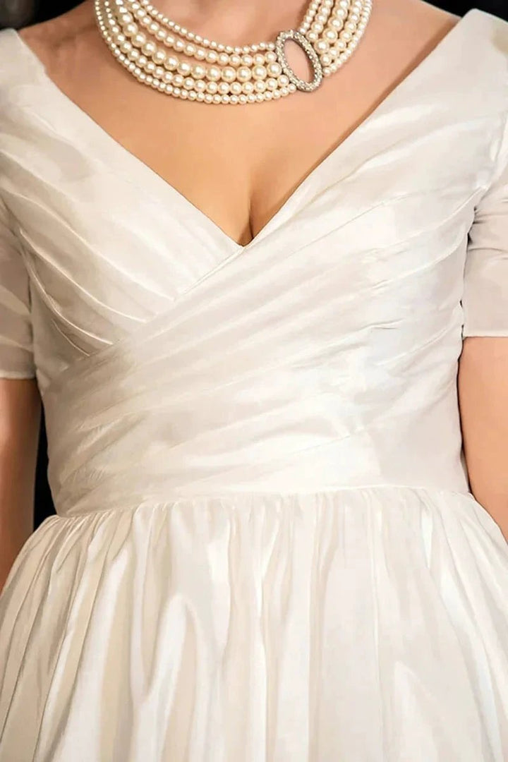 Classical A-Line V-Neck Short Sleeve Pleats Bohemain Wedding Dress WD677 by pgmdress