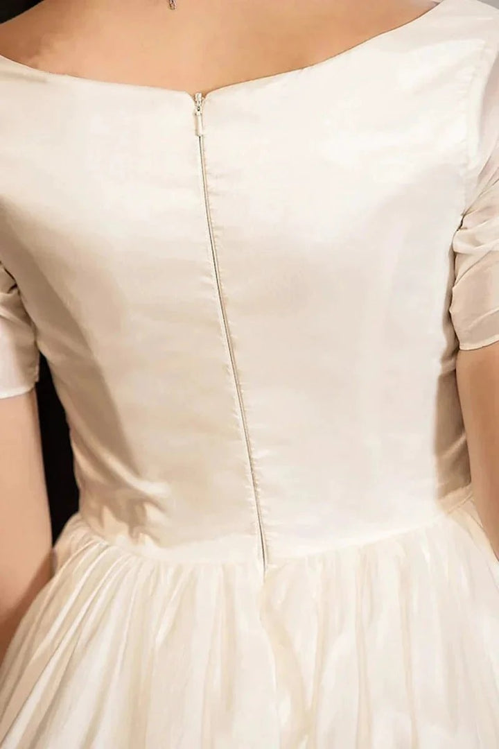 Classical A-Line V-Neck Short Sleeve Pleats Bohemain Wedding Dress WD677 by pgmdress