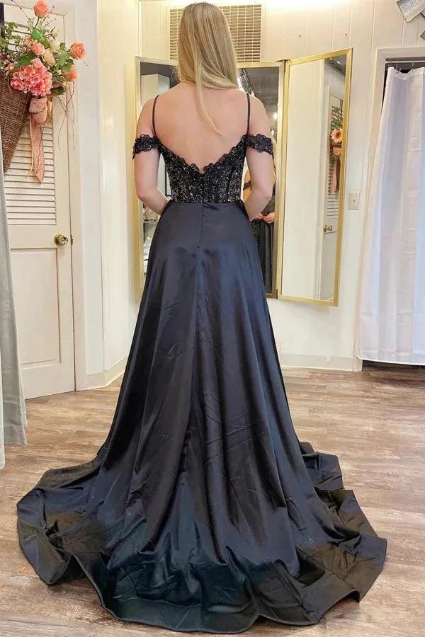 Cold-Shoulder Beaded A-Line Split Prom Dress With Pockets PSK555 by pgmdress