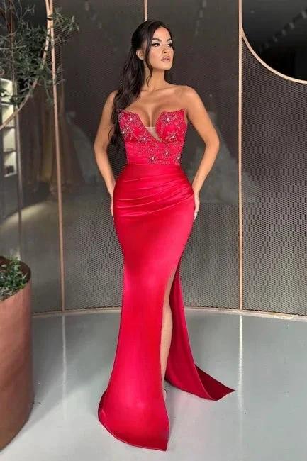 Column Sweetheart Floor-Length Split Front Stain Sleeveless Prom Dresses with Beadings by misshow.com