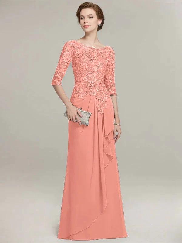 A-line Scoop Illusion Floor-Length Lace Chiffon Mother of the Bride Dress With Cascading Ruffles by Dreamylily