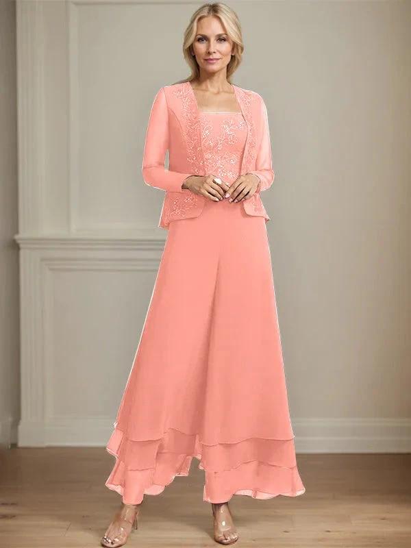 Separates Jumpsuit/Pantsuit Square Ankle-Length Lace Chiffon Mother of the Bride Dress With Sequins by Dreamylily