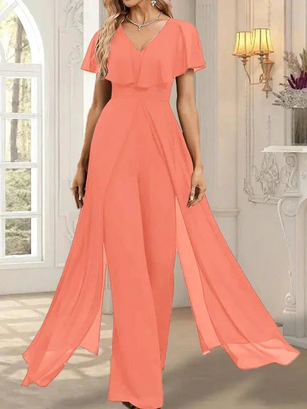 Jumpsuit/Pantsuit V-Neck Floor-Length Chiffon Evening Dress by Dreamylily